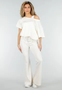 Beige Joggingbroek met Flared Pijpen en Elastische Taille
