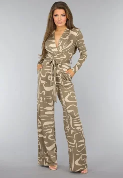Beige Jumpsuit met Grafisch Patroon en Tailleband