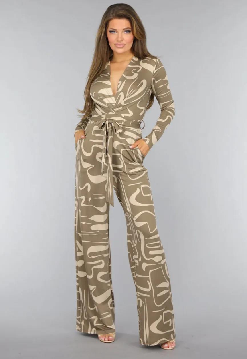 Beige Jumpsuit met Grafisch Patroon en Tailleband