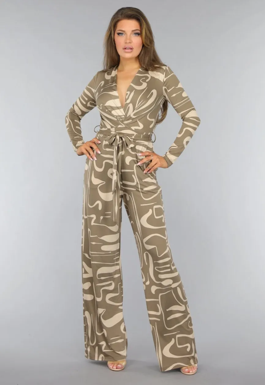 Beige Jumpsuit met Grafisch Patroon en Tailleband