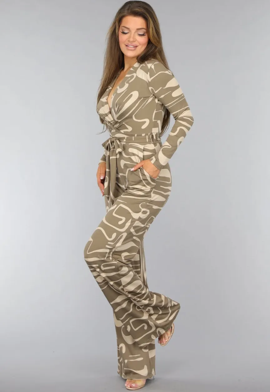 Beige Jumpsuit met Grafisch Patroon en Tailleband