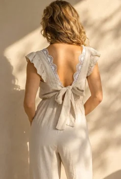 Beige Jumpsuit met V-Hals, Strik op Rug en Volantmouwen