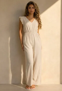 Beige Jumpsuit met V-Hals, Strik op Rug en Volantmouwen