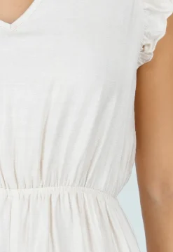 Beige Jumpsuit met V-Hals, Strik op Rug en Volantmouwen