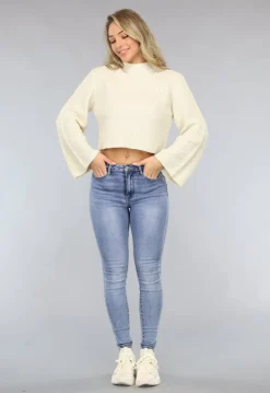 Beige Korte Gebreide Trui met Wijduitlopende Mouwen