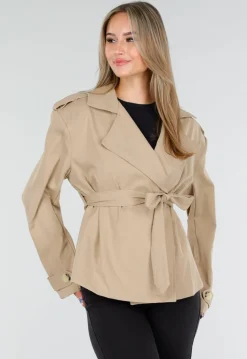 Beige Korte Trenchcoat met Ceintuur en Dubbele Knoopsluiting
