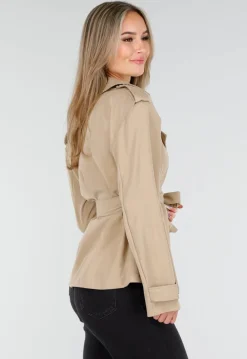 Beige Korte Trenchcoat met Ceintuur en Dubbele Knoopsluiting