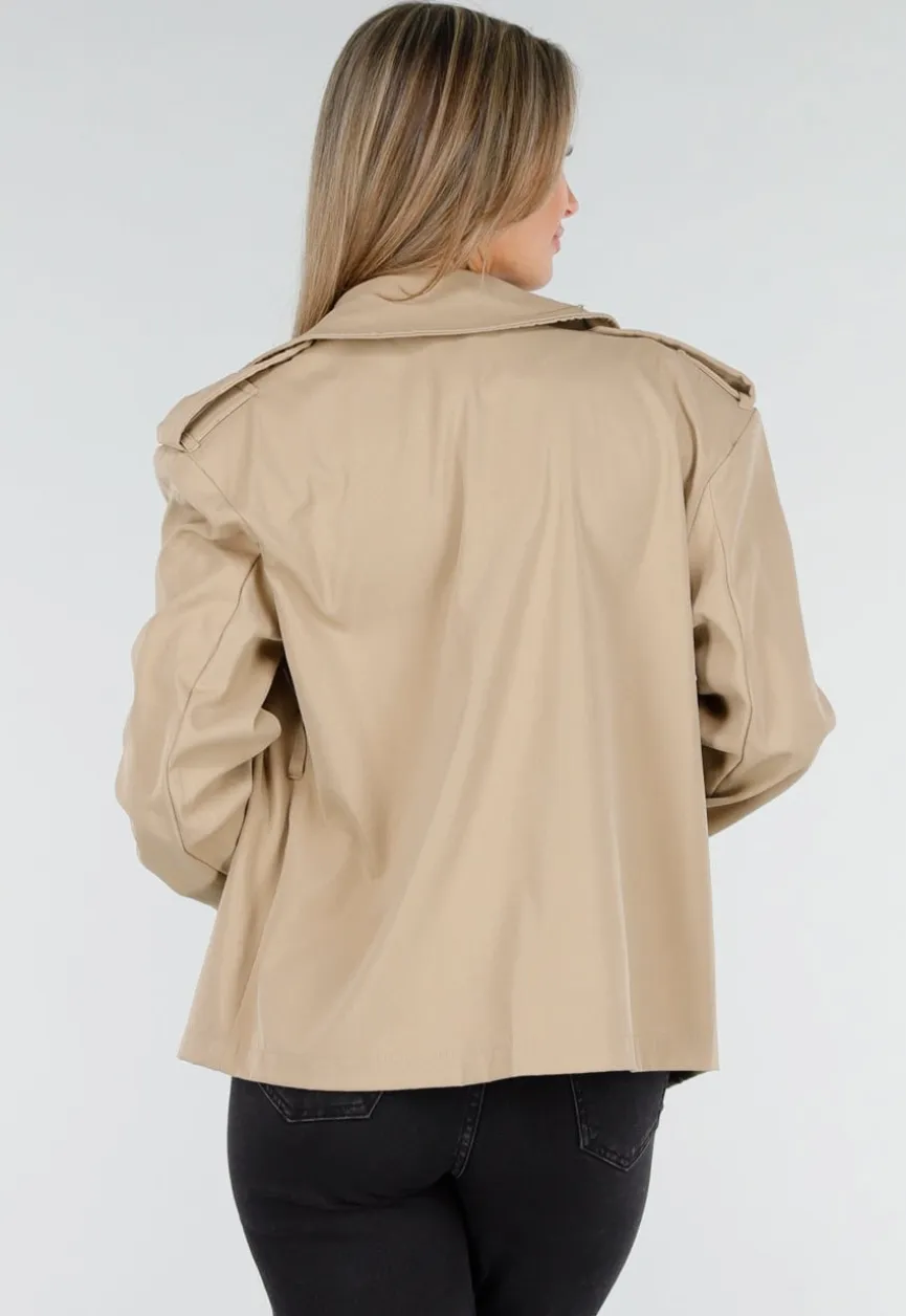 Beige Korte Trenchcoat met Ceintuur en Dubbele Knoopsluiting