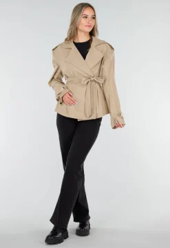 Beige Korte Trenchcoat met Ceintuur en Dubbele Knoopsluiting