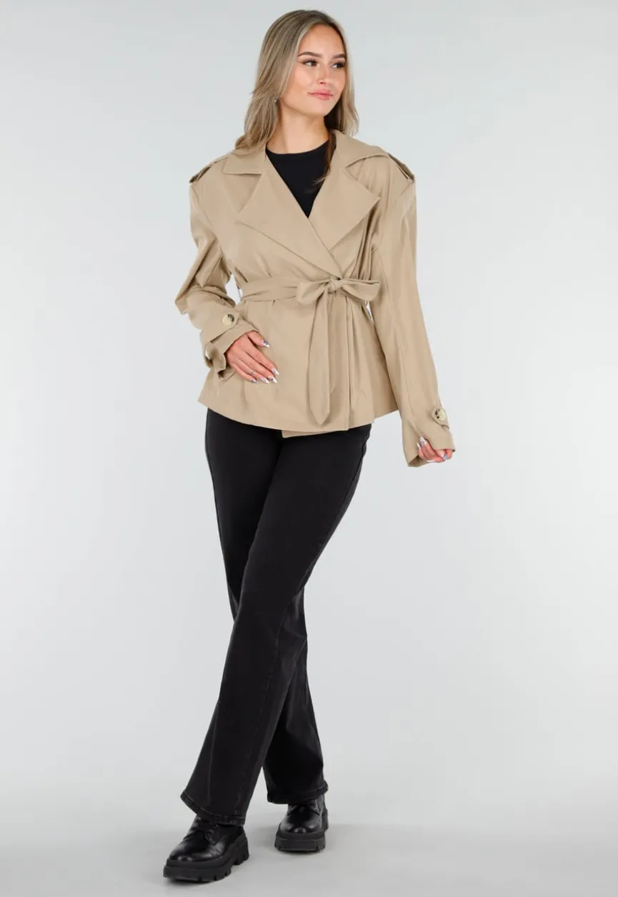 Beige Korte Trenchcoat met Ceintuur en Dubbele Knoopsluiting