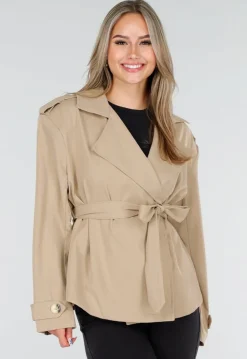 Beige Korte Trenchcoat met Ceintuur en Dubbele Knoopsluiting