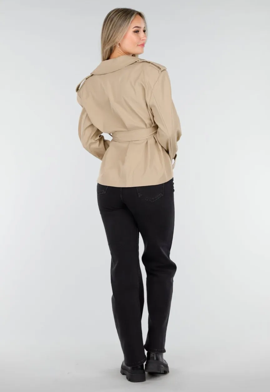 Beige Korte Trenchcoat met Ceintuur en Dubbele Knoopsluiting
