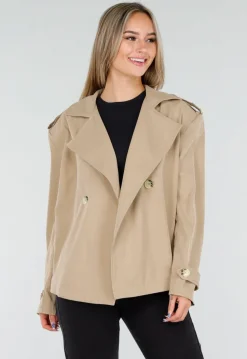 Beige Korte Trenchcoat met Ceintuur en Dubbele Knoopsluiting
