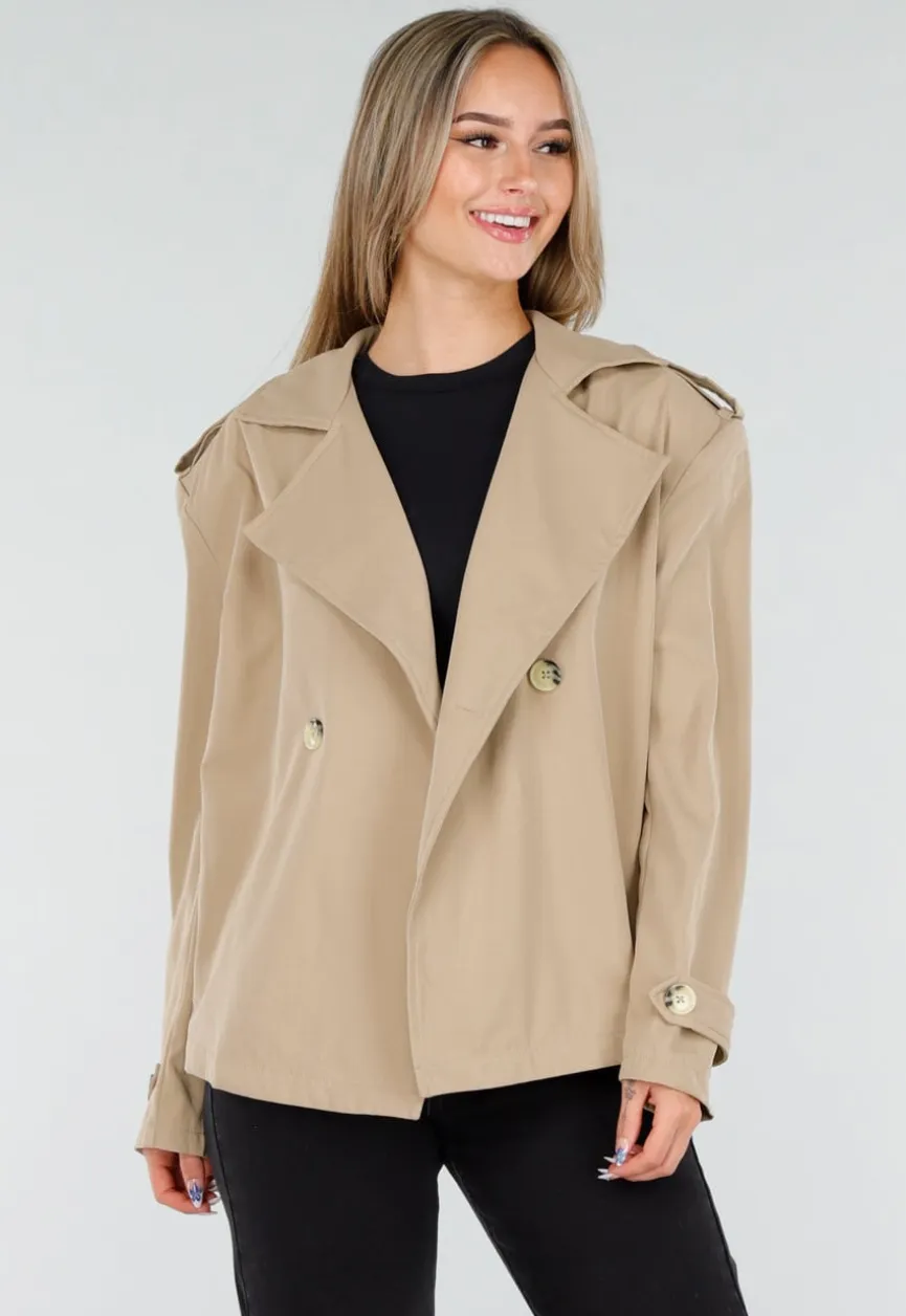 Beige Korte Trenchcoat met Ceintuur en Dubbele Knoopsluiting