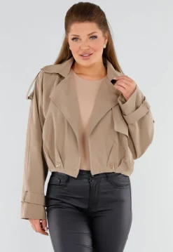 Beige Korte Trenchcoat met Schouderdetails en Knoopsluiting