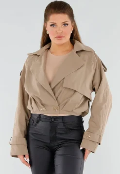 Beige Korte Trenchcoat met Schouderdetails en Knoopsluiting