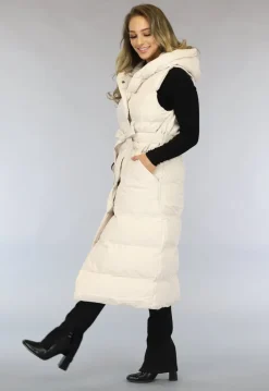 Beige Lange Bodywarmer met Capuchon