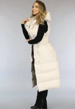 Beige Lange Bodywarmer met Capuchon