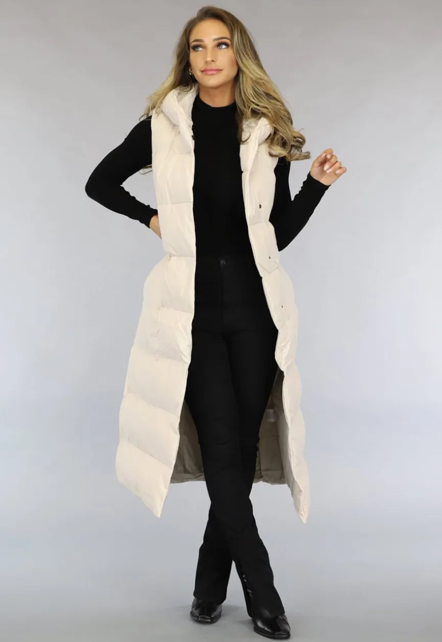 Beige Lange Bodywarmer met Capuchon
