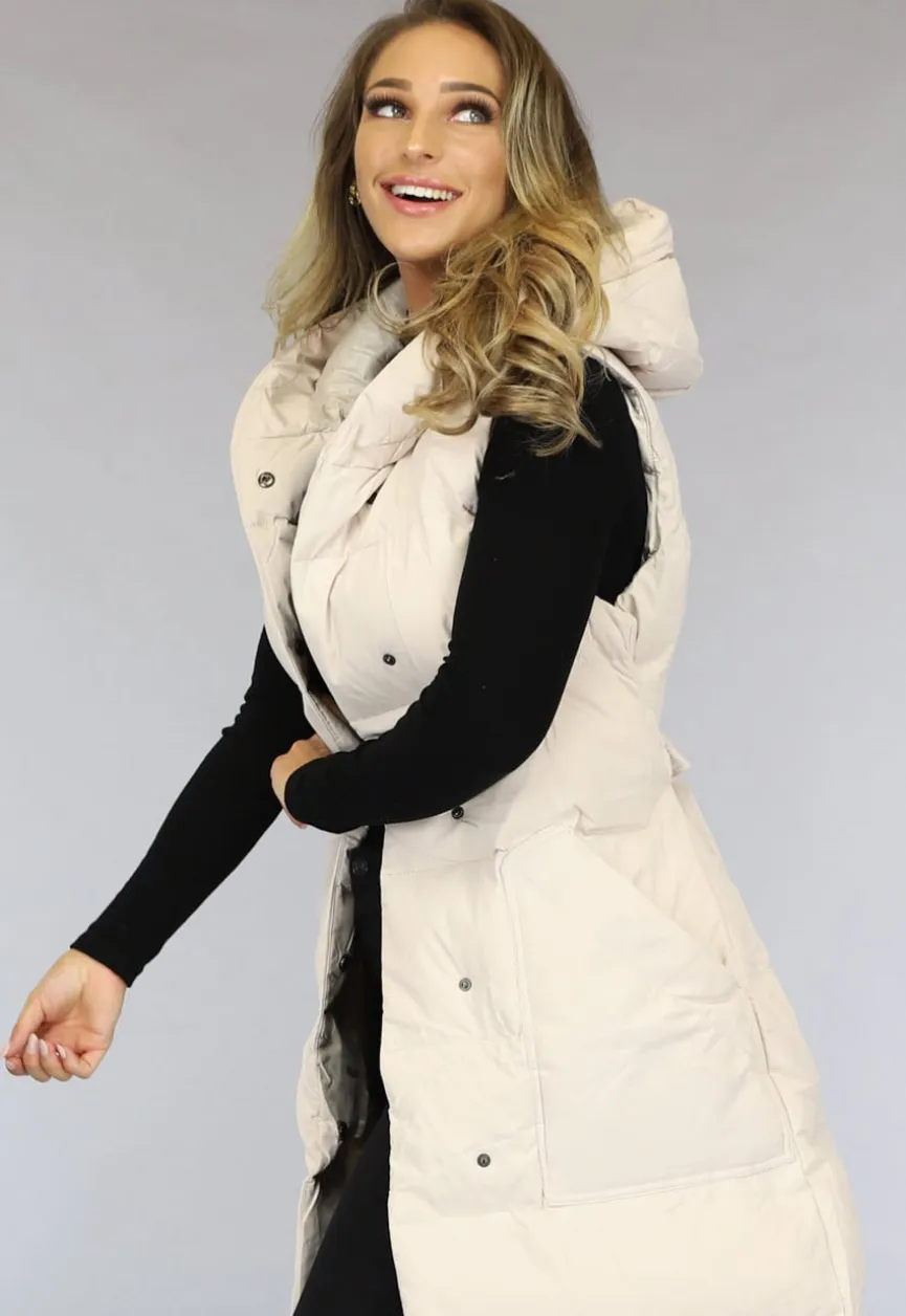 Beige Lange Bodywarmer met Capuchon