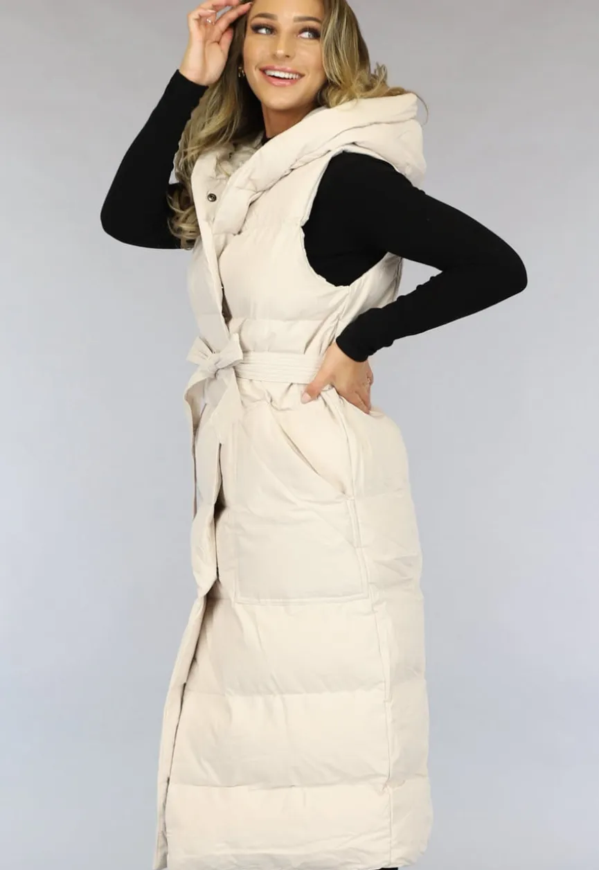 Beige Lange Bodywarmer met Capuchon