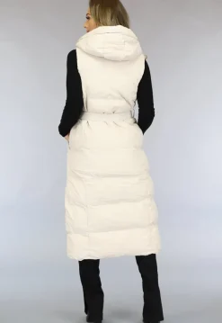 Beige Lange Bodywarmer met Capuchon