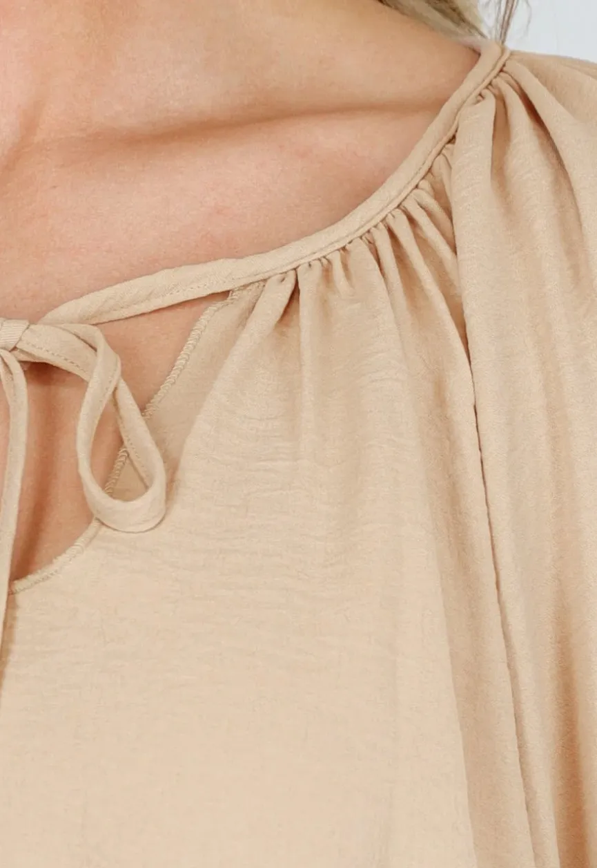 Beige Lange Mouwen Blouse met V-hals en Koordjes