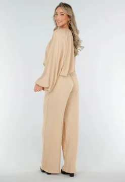 Beige Lange Mouwen Blouse met V-hals en Koordjes