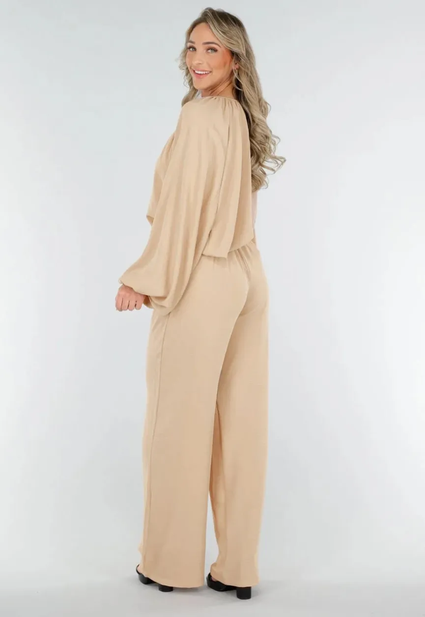 Beige Lange Mouwen Blouse met V-hals en Koordjes