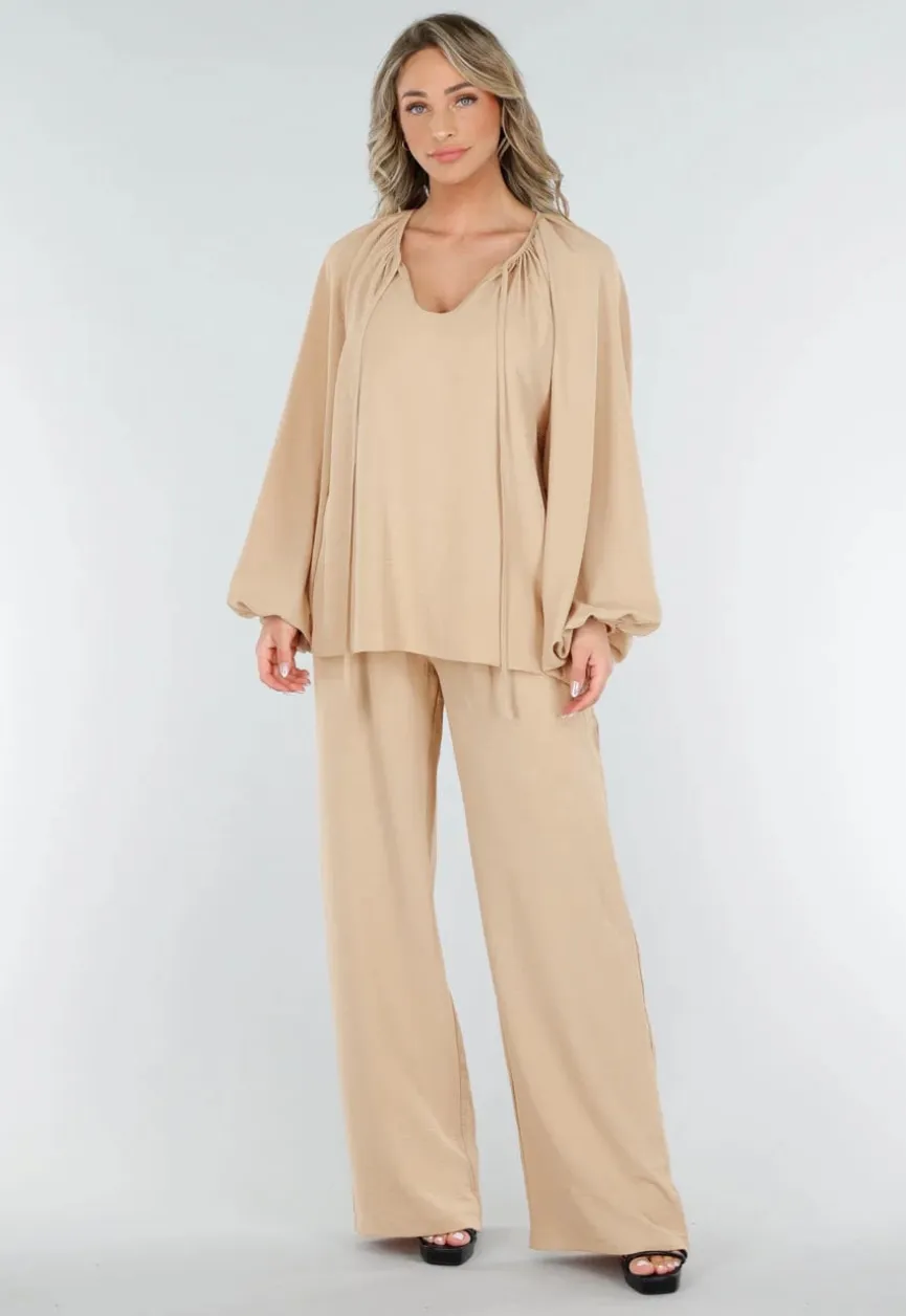 Beige Lange Mouwen Blouse met V-hals en Koordjes