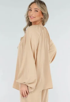 Beige Lange Mouwen Blouse met V-hals en Koordjes