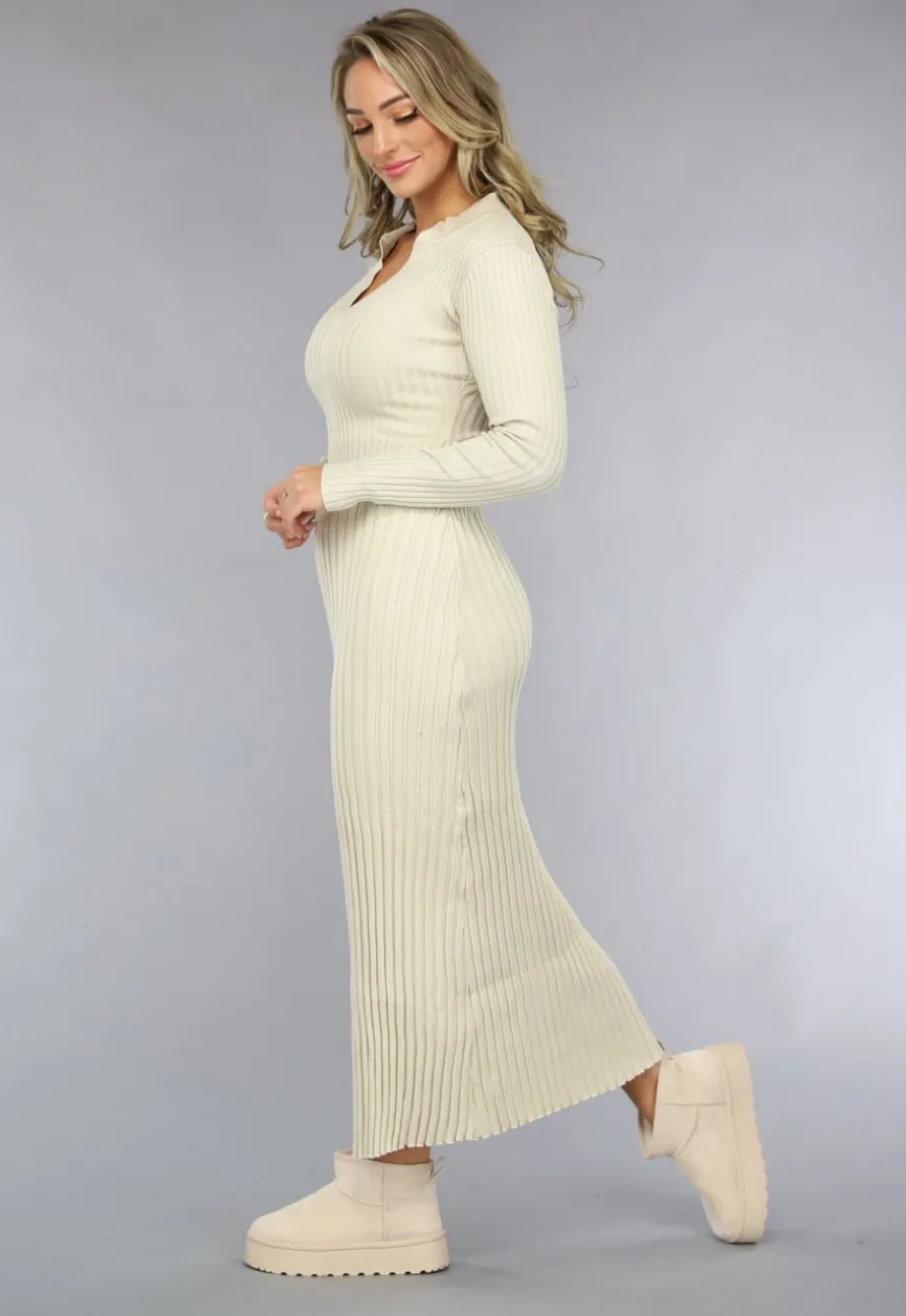 Beige Lange Rib Jurk met Lange Mouwen