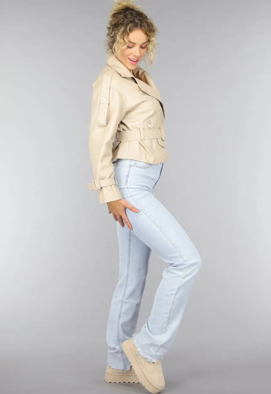 Beige Lederlook Jack met Riempjes