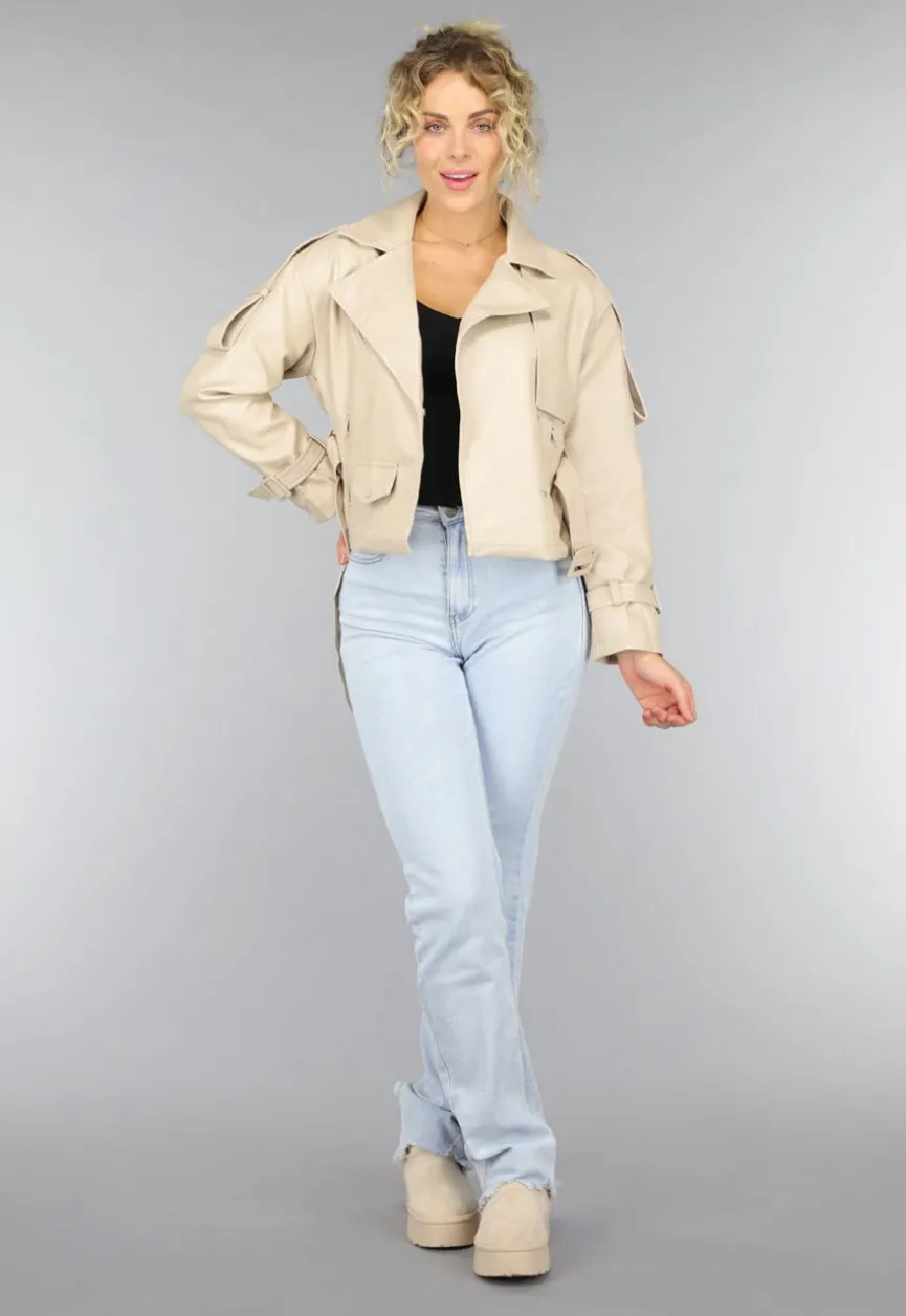 Beige Lederlook Jack met Riempjes