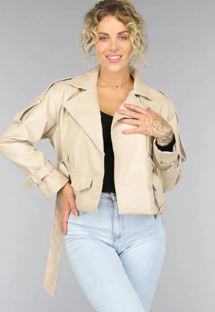 Beige Lederlook Jack met Riempjes