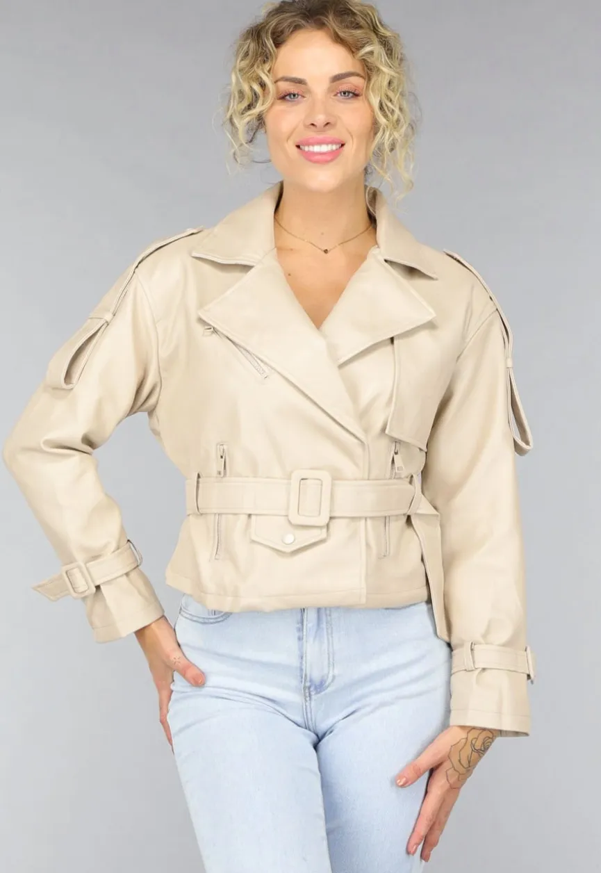 Beige Lederlook Jack met Riempjes