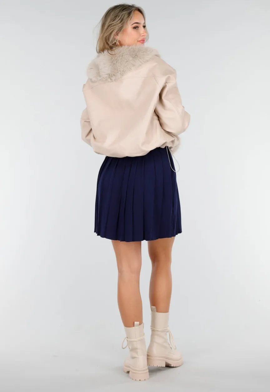 Beige Lederlook Jas Met Faux Fur