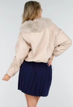 Beige Lederlook Jas Met Faux Fur