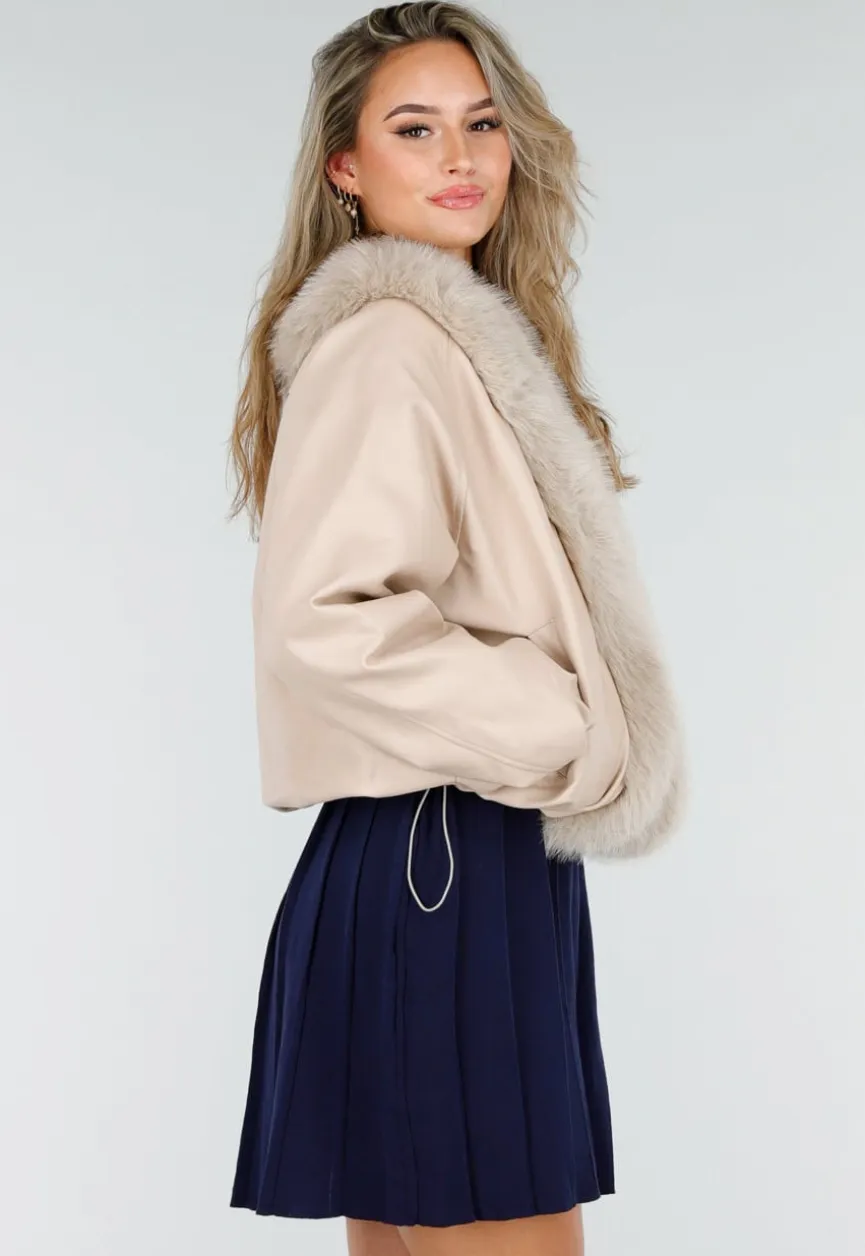 Beige Lederlook Jas Met Faux Fur