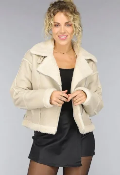 Beige Lederlook Jas met Teddy Voering