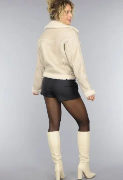 Beige Lederlook Jas met Teddy Voering