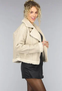 Beige Lederlook Jas met Teddy Voering