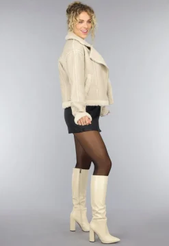 Beige Lederlook Jas met Teddy Voering