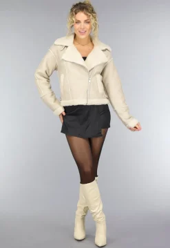 Beige Lederlook Jas met Teddy Voering