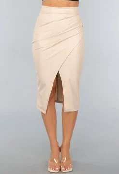 Beige Lederlook Midi Rok met Split