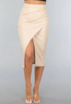 Beige Lederlook Midi Rok met Split