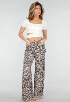 Beige Leopard Denim Jeans met Wide Leg en Steekzakken