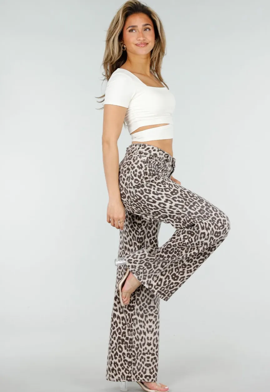 Beige Leopard Denim Jeans met Wide Leg en Steekzakken