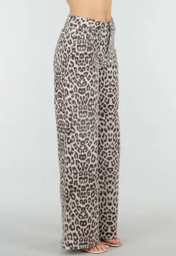 Beige Leopard Denim Jeans met Wide Leg en Steekzakken