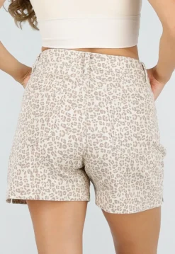 Beige Leopard Print Shorts met Rechte Pijpen